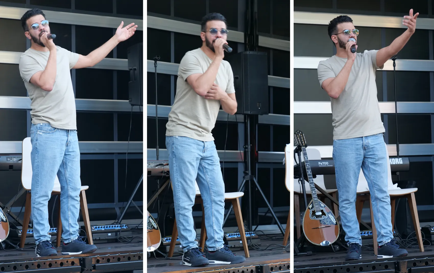 Sänger Lorenzo Sposato performt auf der Bühne des Sommerfestes in Herscheid. Er trägt ein beiges T-Shirt, Jeans und dunkle Schuhe und singt in ein Mikrofon.